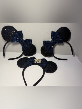 Set of 3 Sequined Black Minnie Ears Headband 1 with Navy Bow & Gold '16' Accent